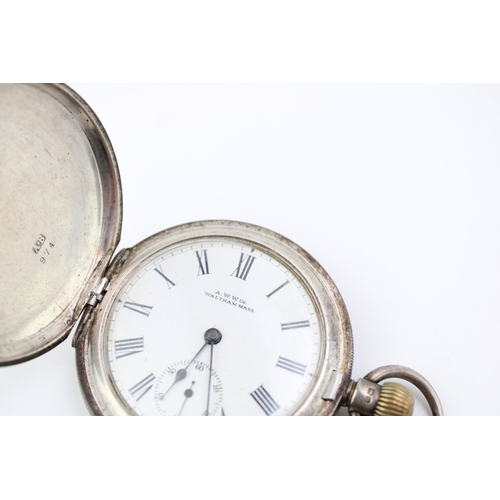 19 - Silver full hunter pocket watch, Birmingham 1901, Waltham Mass, non working, top wind, 52mm diameter... 