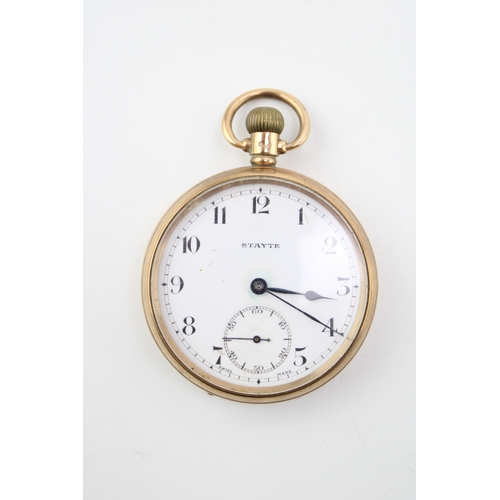 2 - A 9ct gold cased, open faced, keyless wind pocket watch by Stayte, the signed enamel dial with Arabi... 