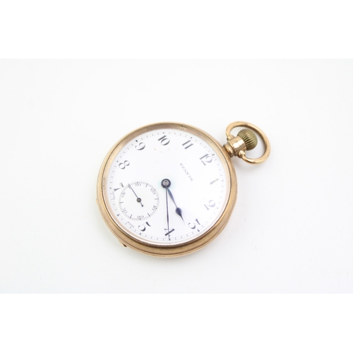 2 - A 9ct gold cased, open faced, keyless wind pocket watch by Stayte, the signed enamel dial with Arabi... 