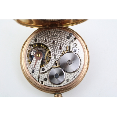 2 - A 9ct gold cased, open faced, keyless wind pocket watch by Stayte, the signed enamel dial with Arabi... 