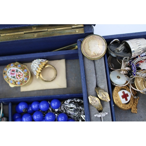 201 - Two vintage jewellery boxes with contents, including various silver thimbles, silver jewellery, a ja... 