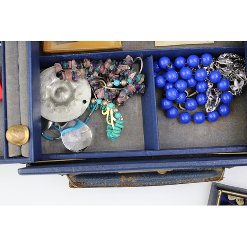 201 - Two vintage jewellery boxes with contents, including various silver thimbles, silver jewellery, a ja... 