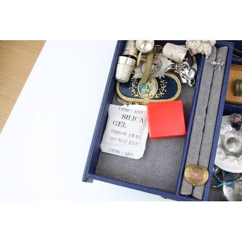 201 - Two vintage jewellery boxes with contents, including various silver thimbles, silver jewellery, a ja... 