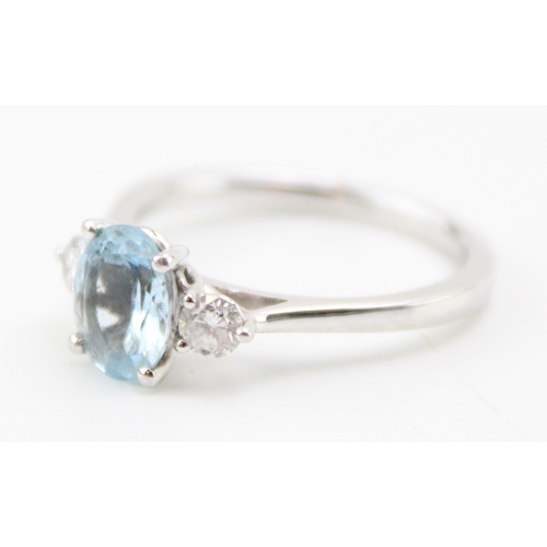 222 - A platinum, aquamarine and diamond dress ring, the oval cut stone 7.9 by 6.1mm, flanked by a diamond... 