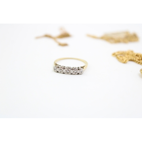 254 - 9ct gold 5 stone diamond ring, illusion set diamonds, 2.1g, size P, with gold plated chains.