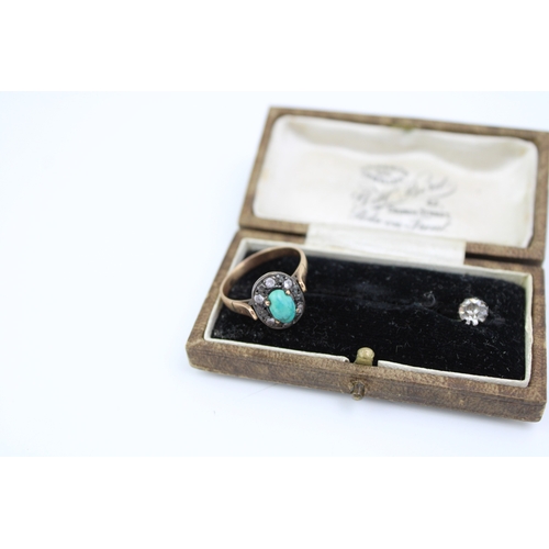 257 - A 9ct gold and turquoise ring, the oval turquoise surrounded by white quartz, size R, 3.2g and a sto... 