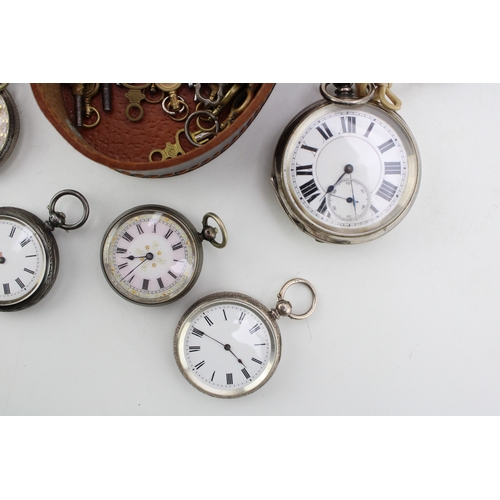 35 - A group of silver cased open faced pocket watches, comprising four English silver cased pocket watch... 