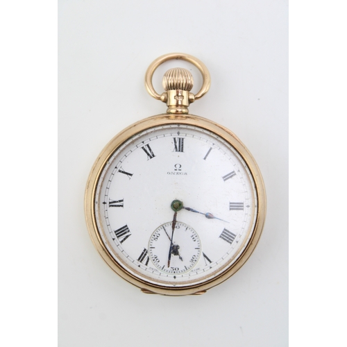 4 - An Omega, 9ct gold-cased, keyless wind, open faced, pocket watch, the signed dial with Roman numeral... 