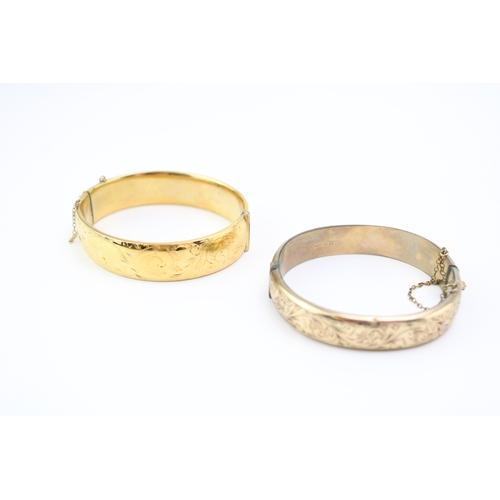 421 - Two x 9ct gold plated bangles, one stamped 1/5th 9ct, the other 9ct metal core, 48.9g