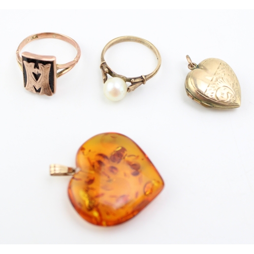 426 - 9ct bk & ft locket, faux amber pendant, 9ct & black ring a/f & 9ct ring with pearl, latter two 4.3G.