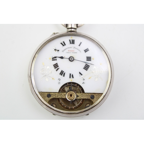 44 - A Hebdomas Patent 8 Day Swiss movement exhibition dial,  keyless wind, pocket watch, having decorate... 