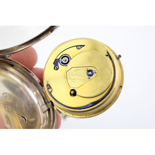 45 - A silver cased, open faced pocket watch by R H Sager, of Blackburn, the enamel dial with Roman numer... 