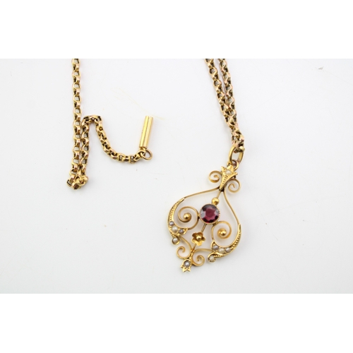 490 - A 9ct gold, Art Nouveau garnet and seed pearl set scroll pendant on 9ct gold belcher link chain, wit... 