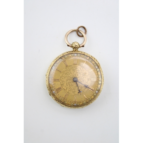 5 - An 18ct gold cased, open faced pocket watch, the engraved dial with Roman numerals to the chapter ri... 