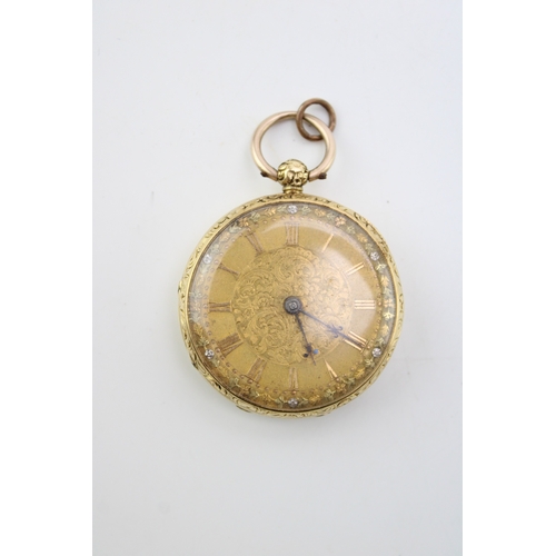 5 - An 18ct gold cased, open faced pocket watch, the engraved dial with Roman numerals to the chapter ri... 