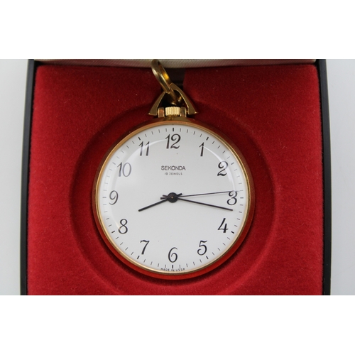 53 - Sekonda cased 19 Jewels pocket watch with watch chain, boxed, winds, ticks and runs.