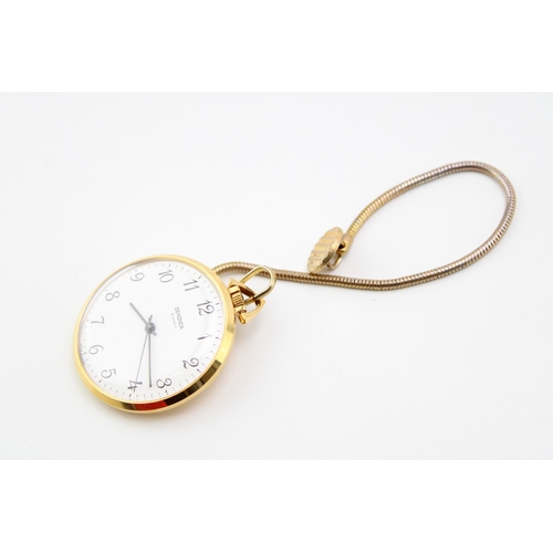 53 - Sekonda cased 19 Jewels pocket watch with watch chain, boxed, winds, ticks and runs.