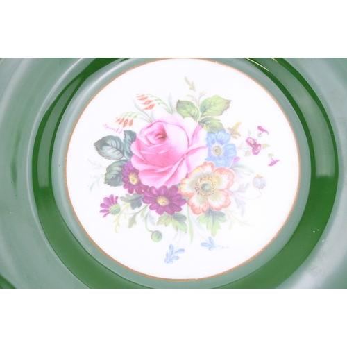 615 - Royal Crown Derby cabinet plate with cabbage rose design, green and gilt border, 22cm diameter, sign... 