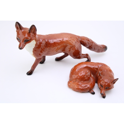 686 - Two Beswick foxes to include a curled fox 1017 and large standing fox with black tail (2).