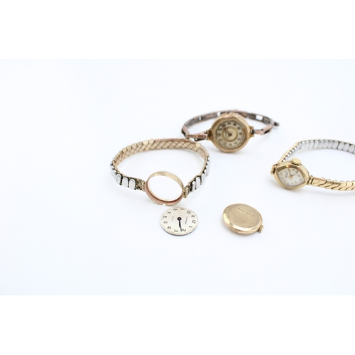 69 - 3 x 9ct gold watches, 2 with base metal bracelets, largest with silver gilt bracelet, all at fault,