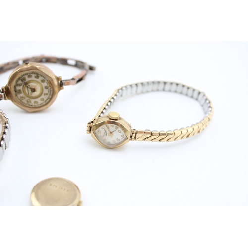 69 - 3 x 9ct gold watches, 2 with base metal bracelets, largest with silver gilt bracelet, all at fault,