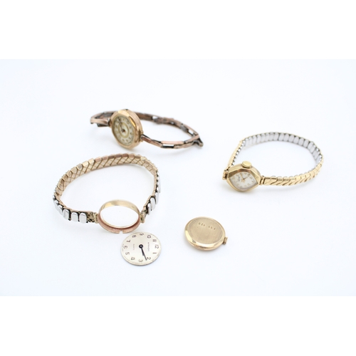 69 - 3 x 9ct gold watches, 2 with base metal bracelets, largest with silver gilt bracelet, all at fault,