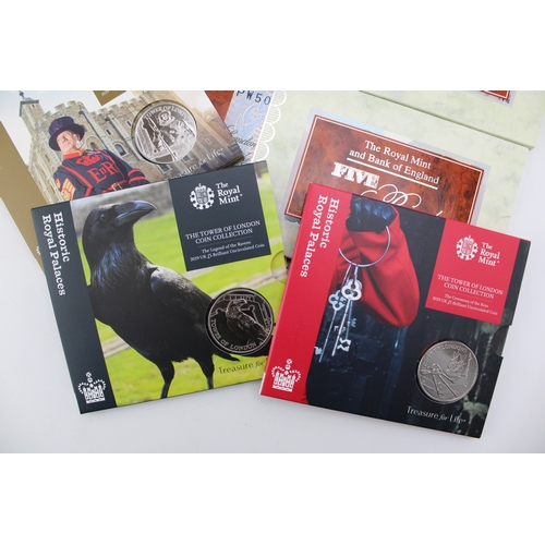 97 - Royal Mint Five Pounds Sets x 3 each to include a £5 coin and a £5 note, with Royal Mint Tower of Lo... 