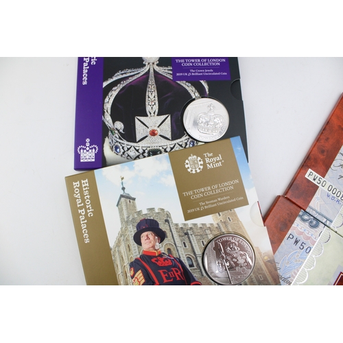 97 - Royal Mint Five Pounds Sets x 3 each to include a £5 coin and a £5 note, with Royal Mint Tower of Lo... 