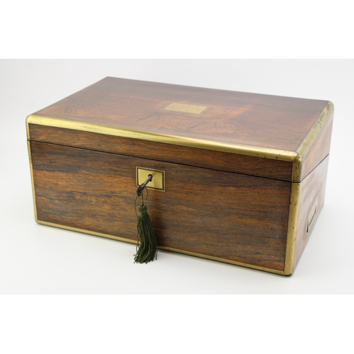 976 - A quality c19th Victorian military style mahogany rosewood & brass edged writing box opening to a sl... 