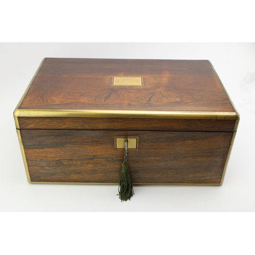 976 - A quality c19th Victorian military style mahogany rosewood & brass edged writing box opening to a sl... 