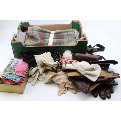 193 - A collection of vintage Ladies leather gloves, handkerchiefs, scarves and textiles