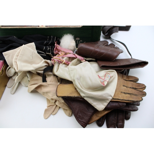 193 - A collection of vintage Ladies leather gloves, handkerchiefs, scarves and textiles