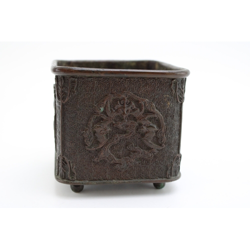 1152 - Chinese bronze Bat and Crane planter censor, Qing period, Xuande character mark, 9cm tall.