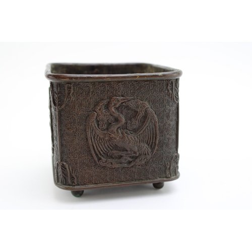 1152 - Chinese bronze Bat and Crane planter censor, Qing period, Xuande character mark, 9cm tall.