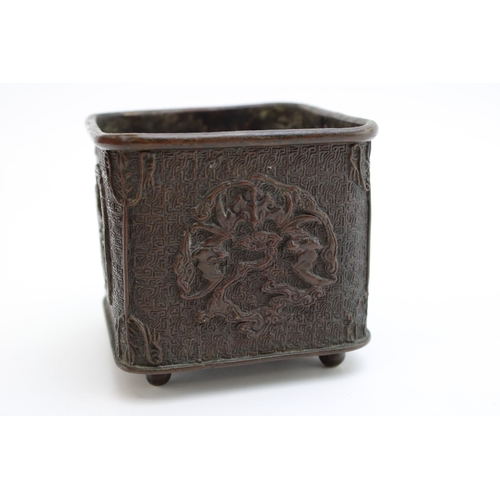 1152 - Chinese bronze Bat and Crane planter censor, Qing period, Xuande character mark, 9cm tall.