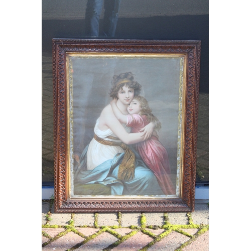 1165 - Oak framed Edwardian print of a mother and child, 75cm  x 60cm inc frames.