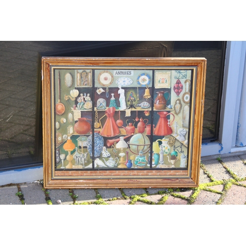 1166 - 'Antiques' framed oil on canvas panel, possibly by J H Presidder 1977, of an antiques shop, 54cm x 6... 