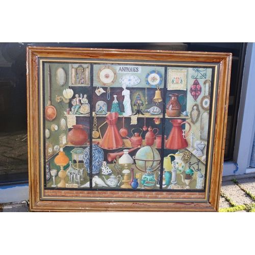 1166 - 'Antiques' framed oil on canvas panel, possibly by J H Presidder 1977, of an antiques shop, 54cm x 6... 