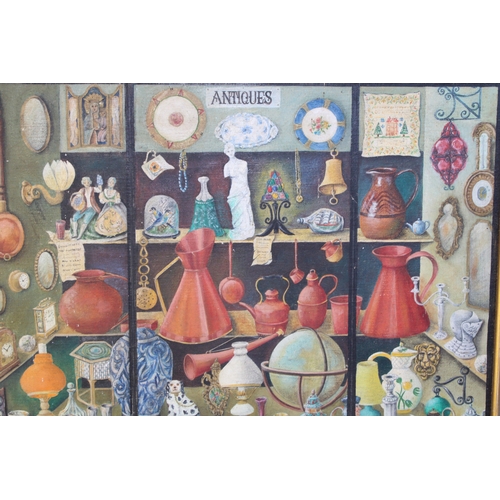 1166 - 'Antiques' framed oil on canvas panel, possibly by J H Presidder 1977, of an antiques shop, 54cm x 6... 