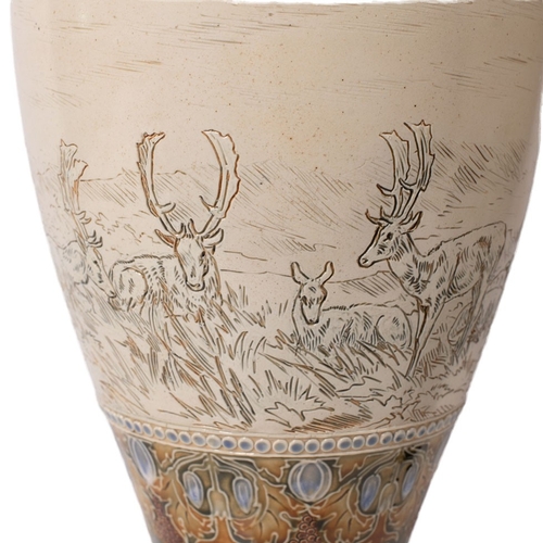 196 - A pair of large Doulton Lambeth baluster vases, by Hannah Barlow, circa 1909, sgrafitto with deers a... 