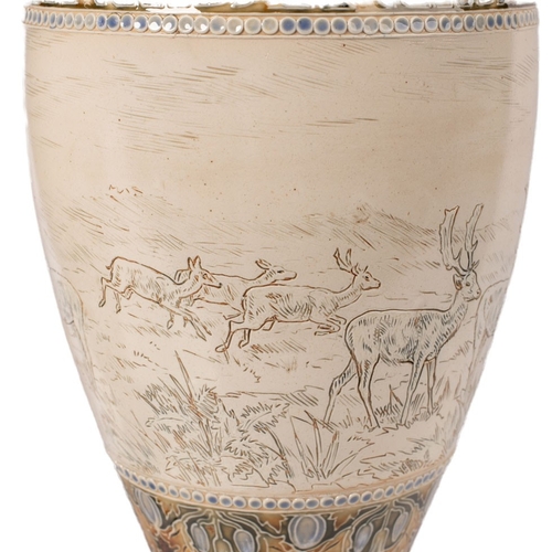 196 - A pair of large Doulton Lambeth baluster vases, by Hannah Barlow, circa 1909, sgrafitto with deers a... 