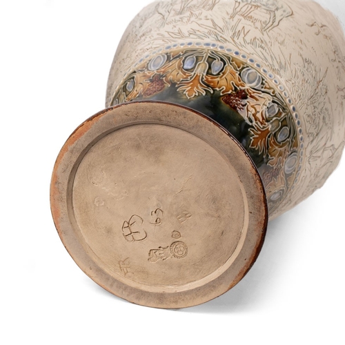 196 - A pair of large Doulton Lambeth baluster vases, by Hannah Barlow, circa 1909, sgrafitto with deers a... 