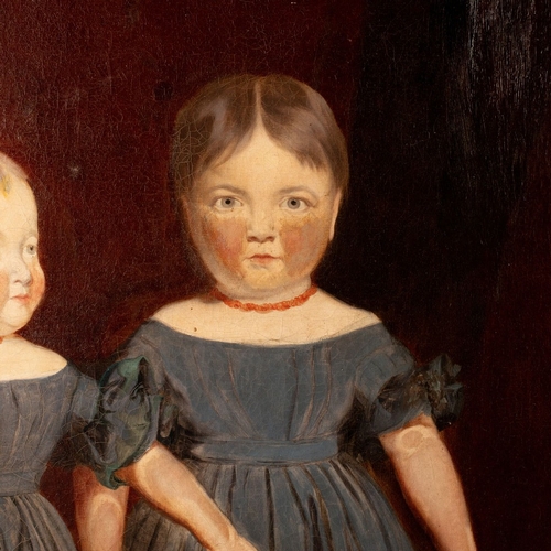 85 - A 19th century primitive Oil on Canvas of two girls, one holding a basket of fruit, English primitiv... 