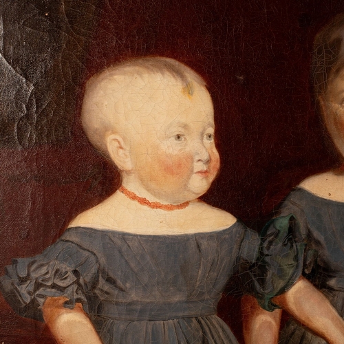 85 - A 19th century primitive Oil on Canvas of two girls, one holding a basket of fruit, English primitiv... 