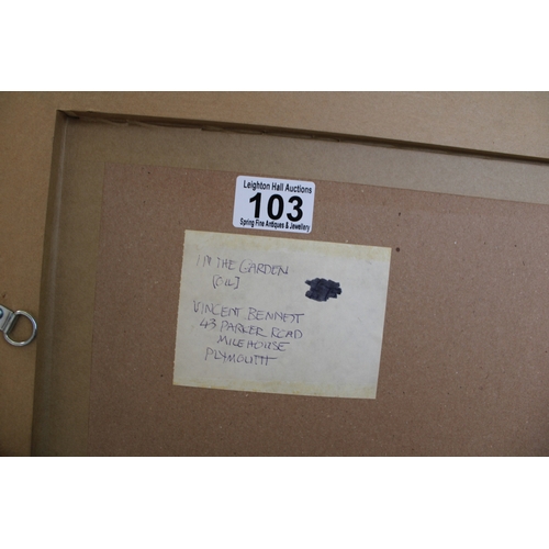 103 - Vincent Bennett (1910 - 1993) Oil on board, 'In The Garden' Signed to verso, framed, 37cm x 74.5cm.