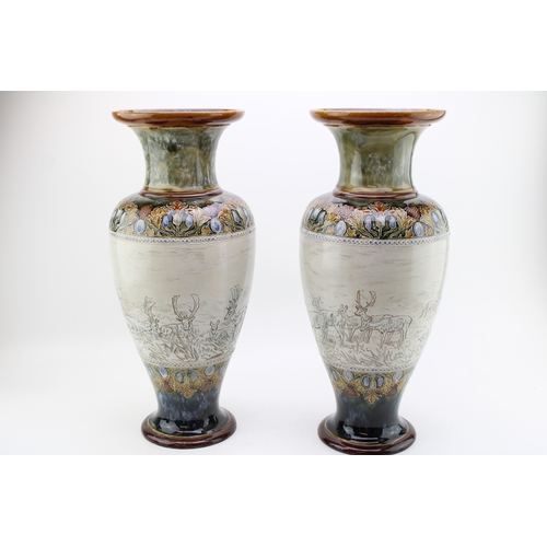 196 - A pair of large Doulton Lambeth baluster vases, by Hannah Barlow, circa 1909, sgrafitto with deers a... 