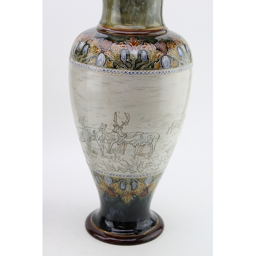 196 - A pair of large Doulton Lambeth baluster vases, by Hannah Barlow, circa 1909, sgrafitto with deers a... 
