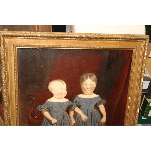 85 - A 19th century primitive Oil on Canvas of two girls, one holding a basket of fruit, English primitiv... 