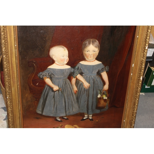 85 - A 19th century primitive Oil on Canvas of two girls, one holding a basket of fruit, English primitiv... 