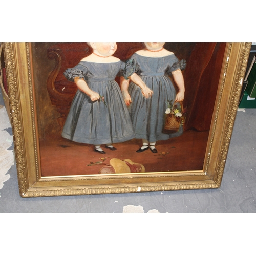 85 - A 19th century primitive Oil on Canvas of two girls, one holding a basket of fruit, English primitiv... 